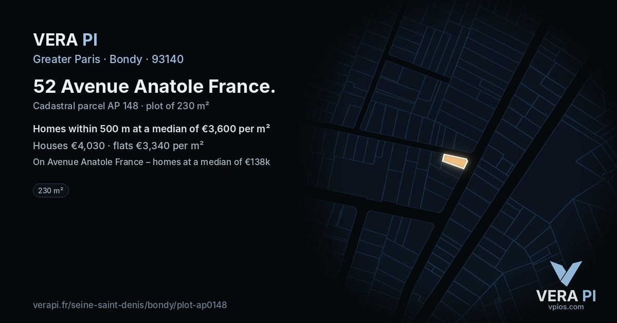 52 Avenue Anatole France, Bondy at night – the plot lit, the parcels around coloured by the prices near them