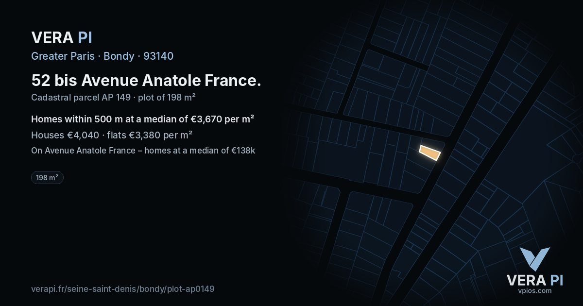 52 bis Avenue Anatole France, Bondy at night – the plot lit, the parcels around coloured by the prices near them