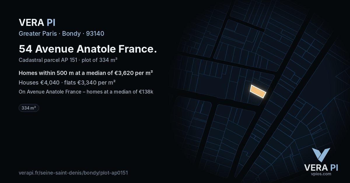 54 Avenue Anatole France, Bondy at night – the plot lit, the parcels around coloured by the prices near them