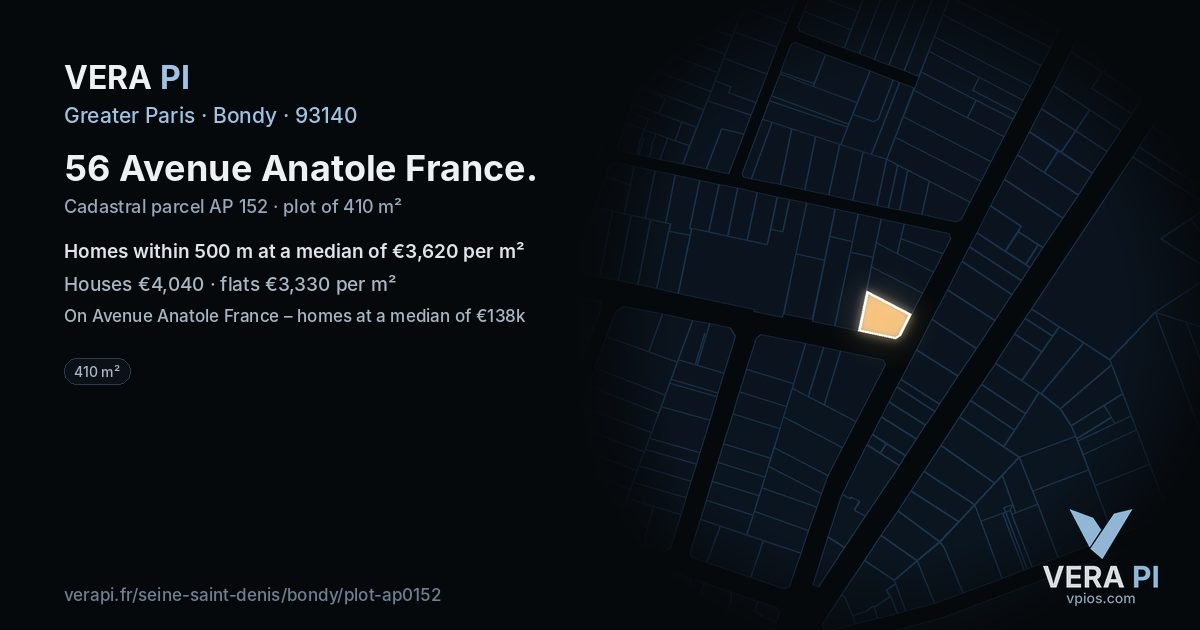 56 Avenue Anatole France, Bondy at night – the plot lit, the parcels around coloured by the prices near them