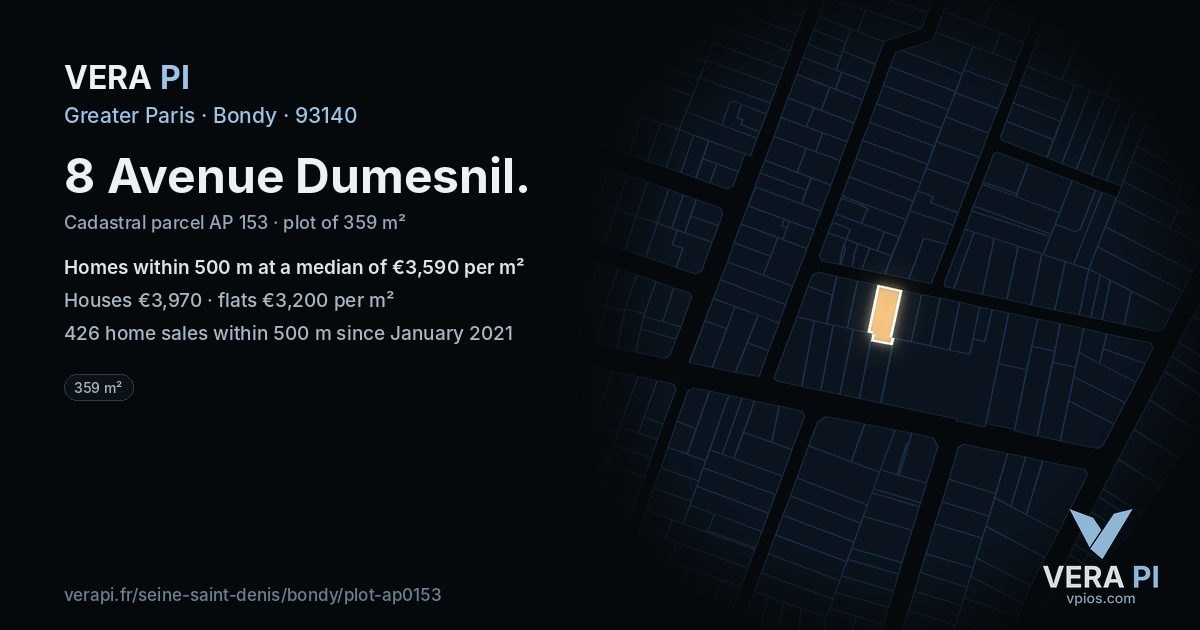 8 Avenue Dumesnil, Bondy at night – the plot lit, the parcels around coloured by the prices near them