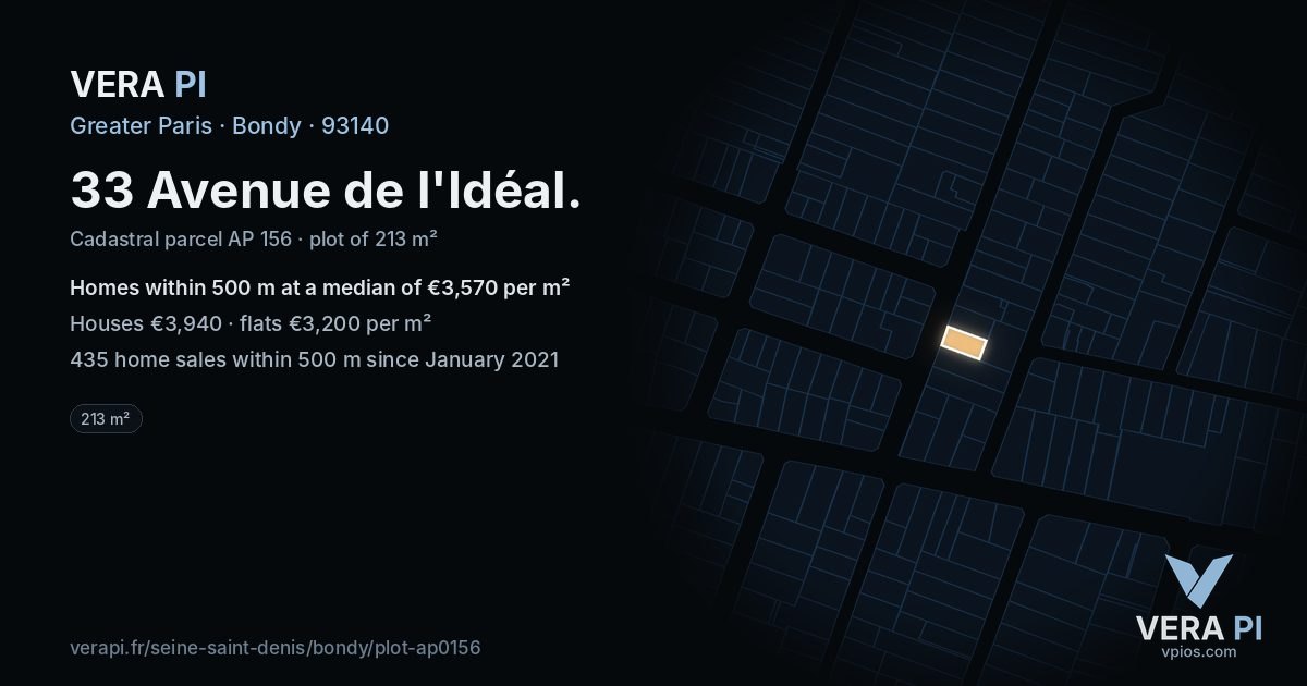 33 Avenue de l'Idéal, Bondy at night – the plot lit, the parcels around coloured by the prices near them