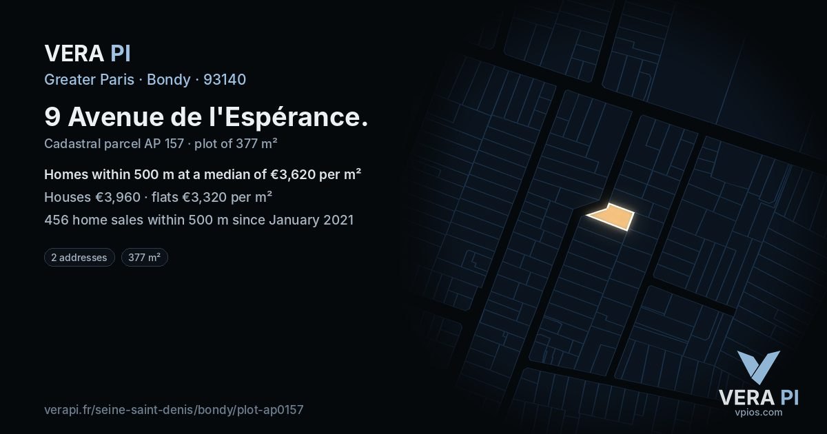 9 Avenue de l'Espérance, Bondy at night – the plot lit, the parcels around coloured by the prices near them