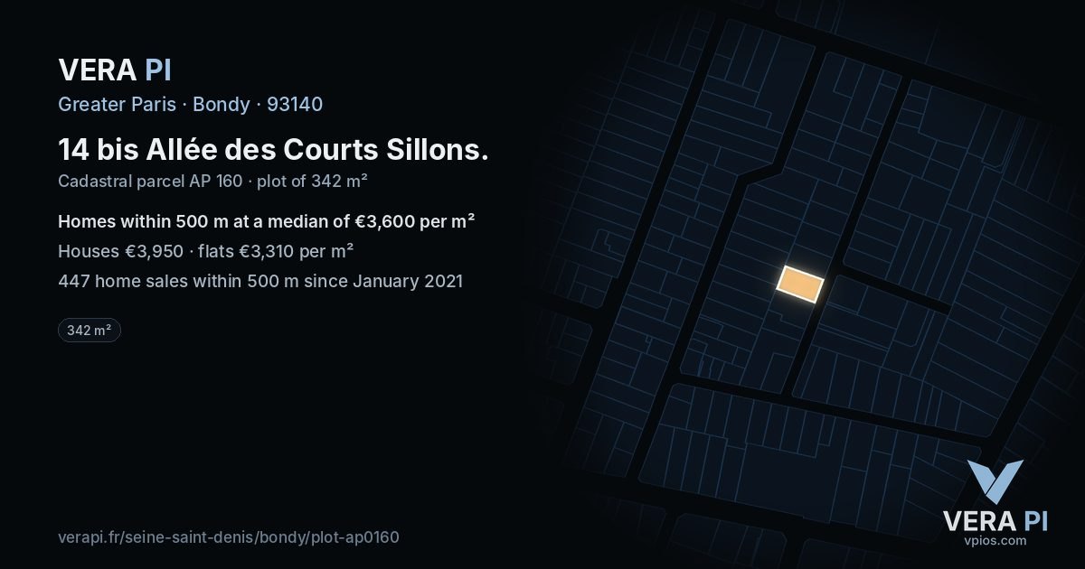 14 bis Allée des Courts Sillons, Bondy at night – the plot lit, the parcels around coloured by the prices near them