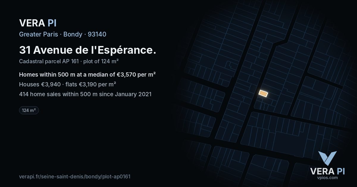 31 Avenue de l'Espérance, Bondy at night – the plot lit, the parcels around coloured by the prices near them