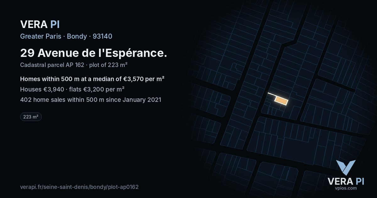 29 Avenue de l'Espérance, Bondy at night – the plot lit, the parcels around coloured by the prices near them