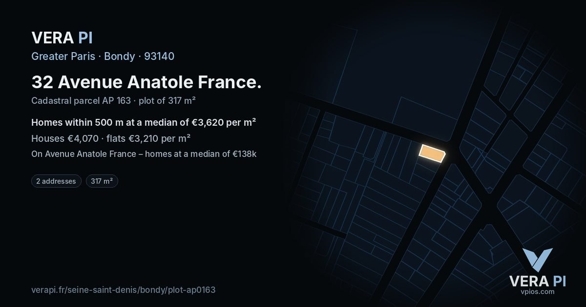 32 Avenue Anatole France, Bondy at night – the plot lit, the parcels around coloured by the prices near them