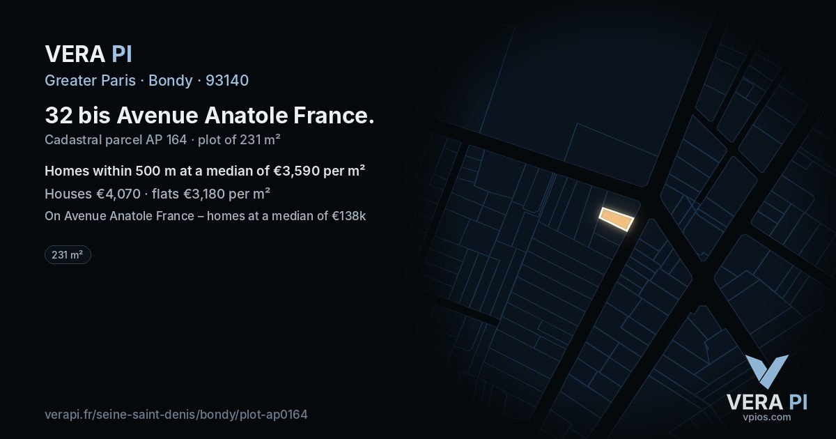 32 bis Avenue Anatole France, Bondy at night – the plot lit, the parcels around coloured by the prices near them