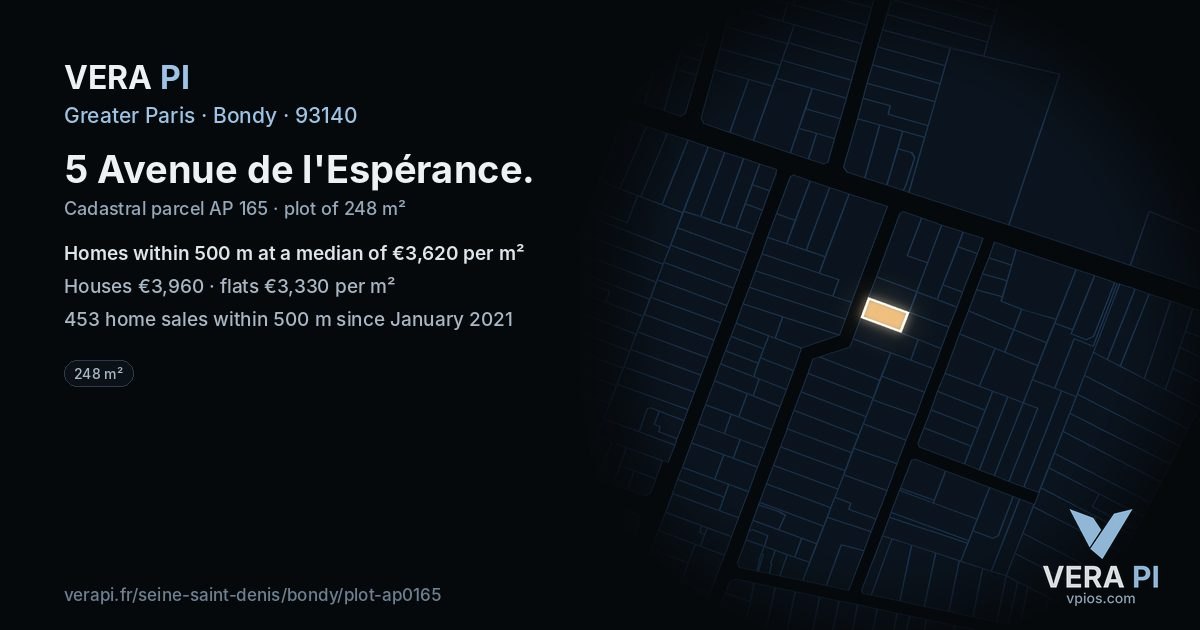 5 Avenue de l'Espérance, Bondy at night – the plot lit, the parcels around coloured by the prices near them