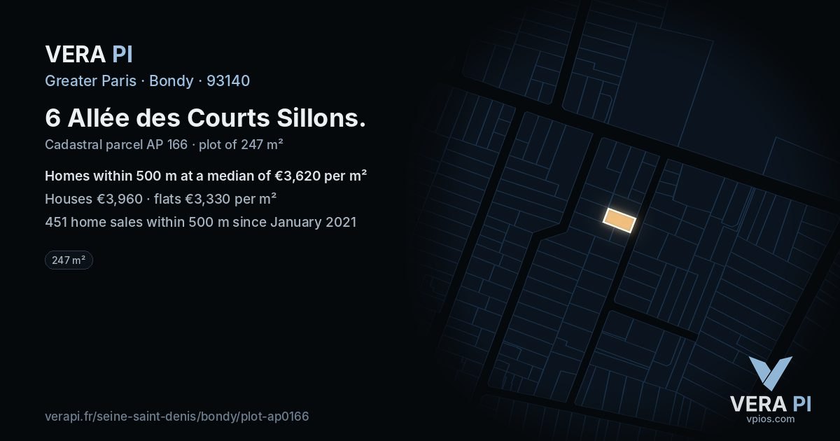 6 Allée des Courts Sillons, Bondy at night – the plot lit, the parcels around coloured by the prices near them