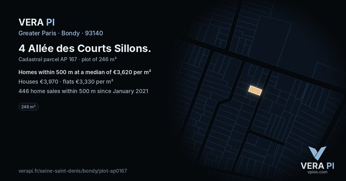 4 Allée des Courts Sillons, Bondy at night – the plot lit, the parcels around coloured by the prices near them