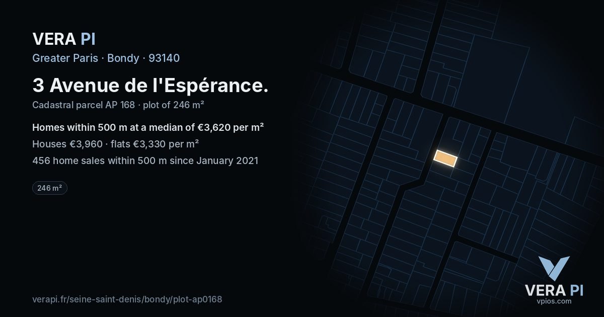 3 Avenue de l'Espérance, Bondy at night – the plot lit, the parcels around coloured by the prices near them