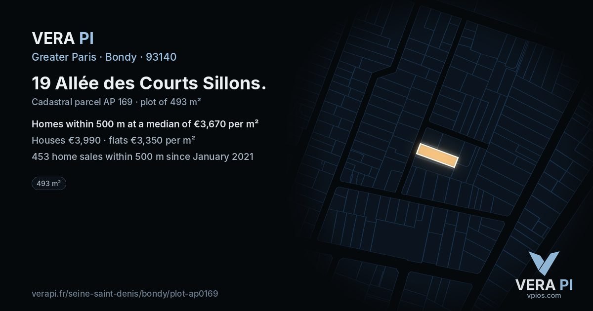 19 Allée des Courts Sillons, Bondy at night – the plot lit, the parcels around coloured by the prices near them