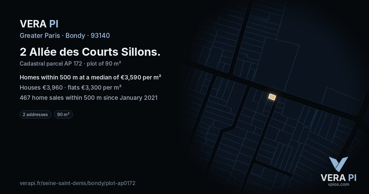 2 Allée des Courts Sillons, Bondy at night – the plot lit, the parcels around coloured by the prices near them