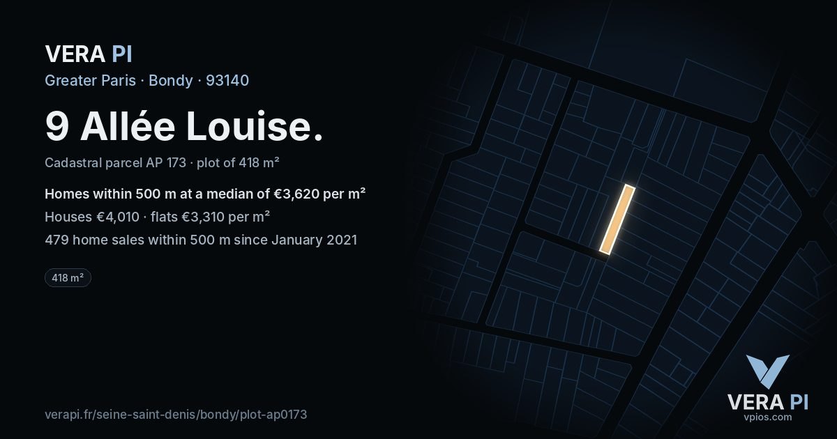 9 Allée Louise, Bondy at night – the plot lit, the parcels around coloured by the prices near them