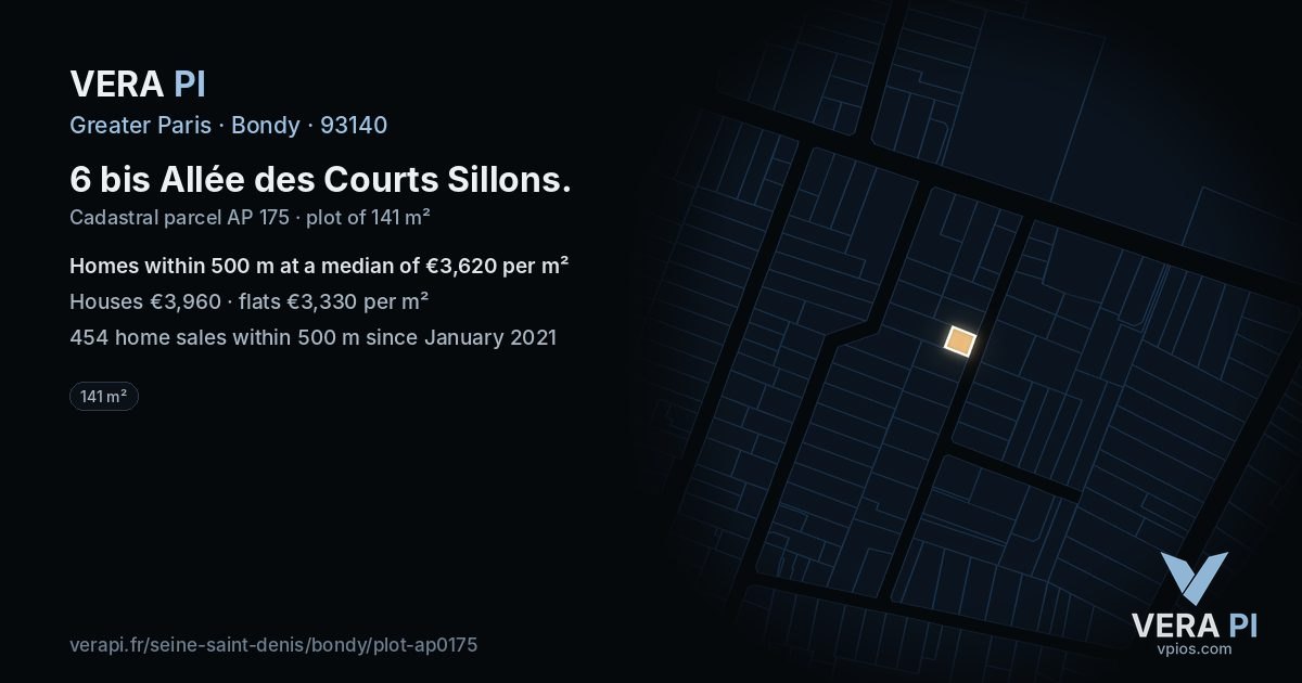 6 bis Allée des Courts Sillons, Bondy at night – the plot lit, the parcels around coloured by the prices near them