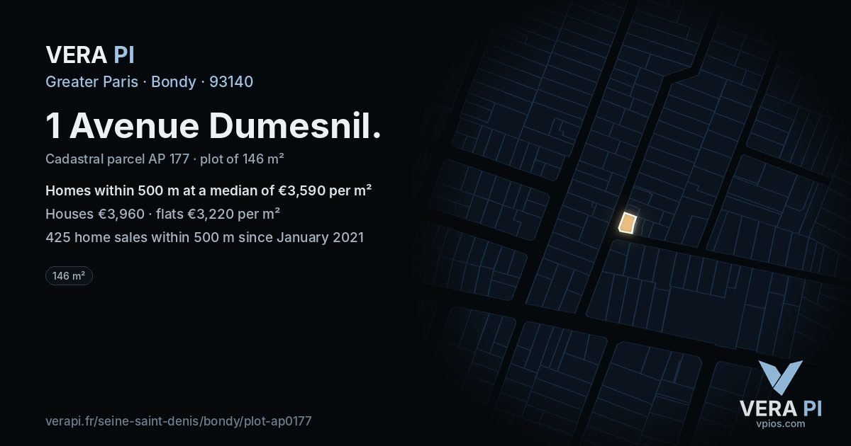 1 Avenue Dumesnil, Bondy at night – the plot lit, the parcels around coloured by the prices near them