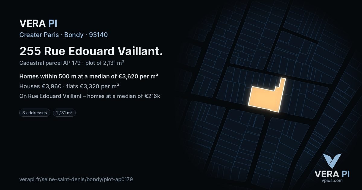 255 Rue Edouard Vaillant, Bondy at night – the plot lit, the parcels around coloured by the prices near them