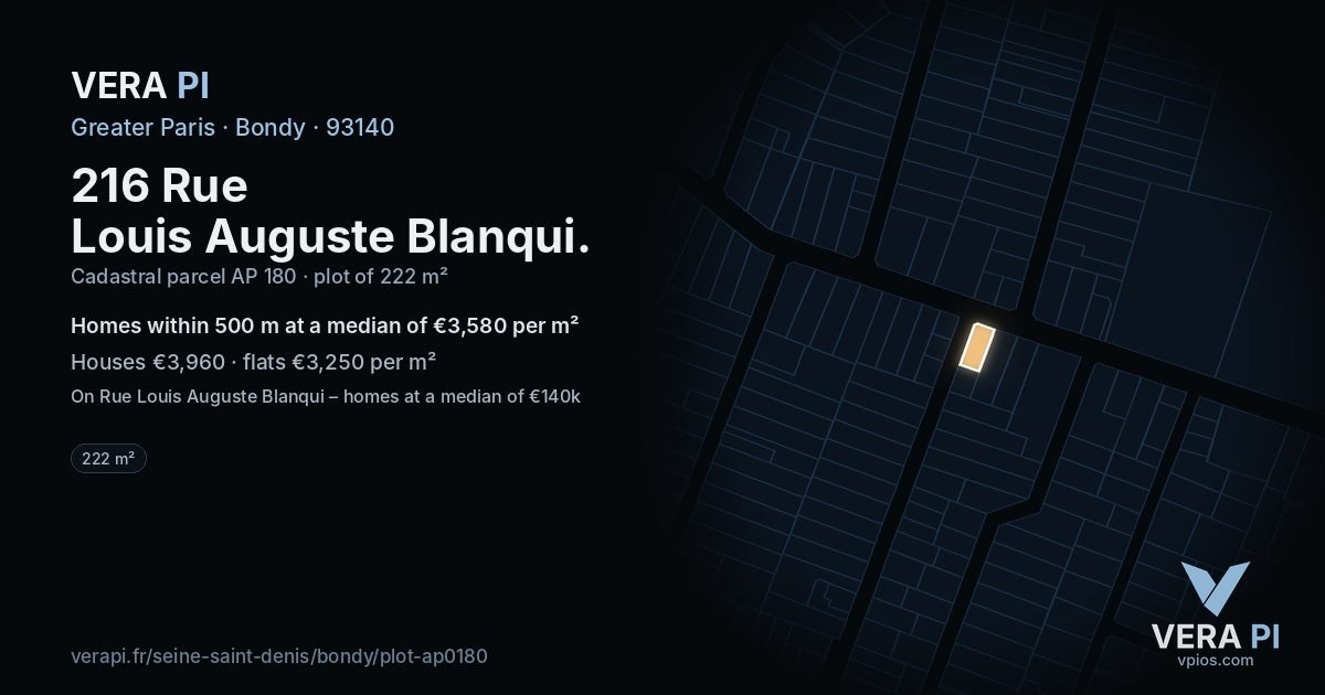 216 Rue Louis Auguste Blanqui, Bondy at night – the plot lit, the parcels around coloured by the prices near them