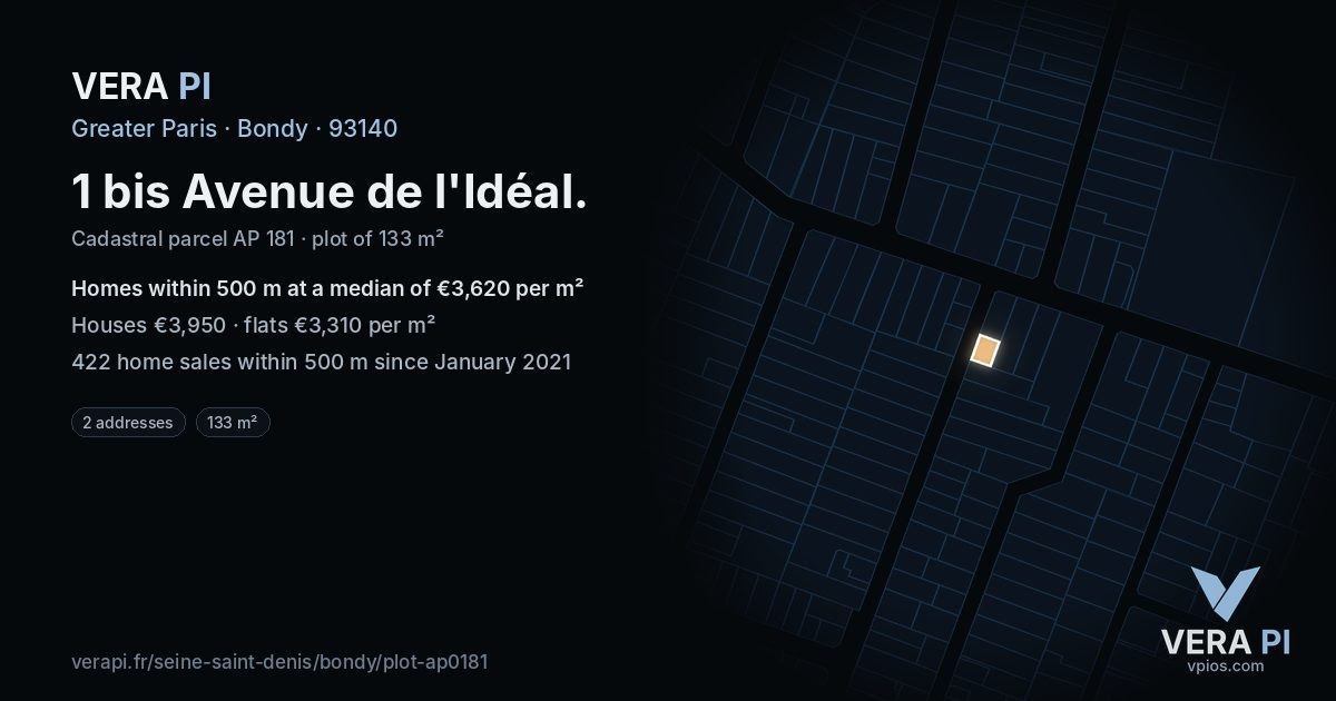 1 bis Avenue de l'Idéal, Bondy at night – the plot lit, the parcels around coloured by the prices near them