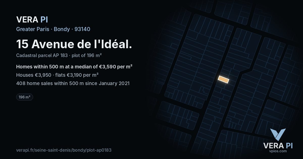 15 Avenue de l'Idéal, Bondy at night – the plot lit, the parcels around coloured by the prices near them