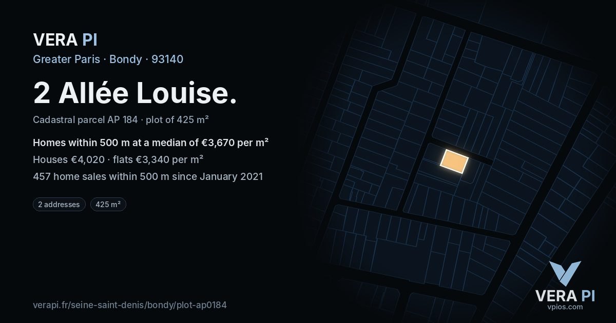 2 Allée Louise, Bondy at night – the plot lit, the parcels around coloured by the prices near them
