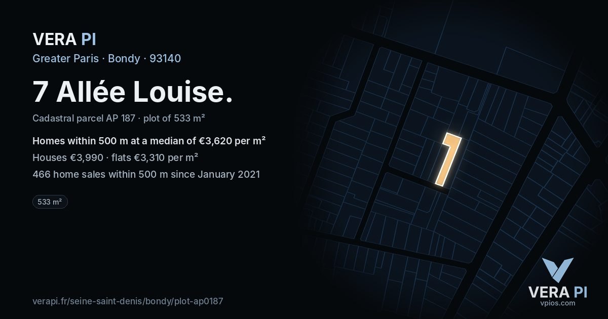 7 Allée Louise, Bondy at night – the plot lit, the parcels around coloured by the prices near them