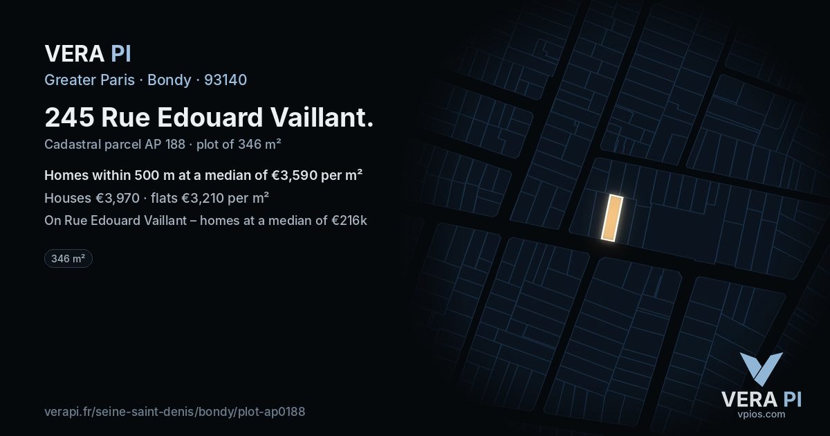 245 Rue Edouard Vaillant, Bondy at night – the plot lit, the parcels around coloured by the prices near them