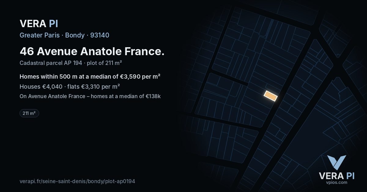 46 Avenue Anatole France, Bondy at night – the plot lit, the parcels around coloured by the prices near them