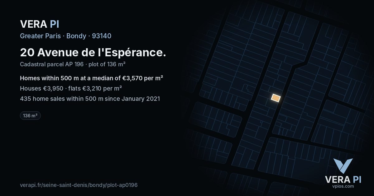 20 Avenue de l'Espérance, Bondy at night – the plot lit, the parcels around coloured by the prices near them