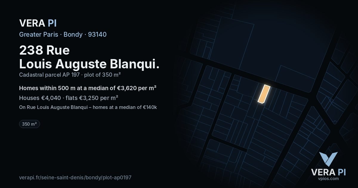 238 Rue Louis Auguste Blanqui, Bondy at night – the plot lit, the parcels around coloured by the prices near them