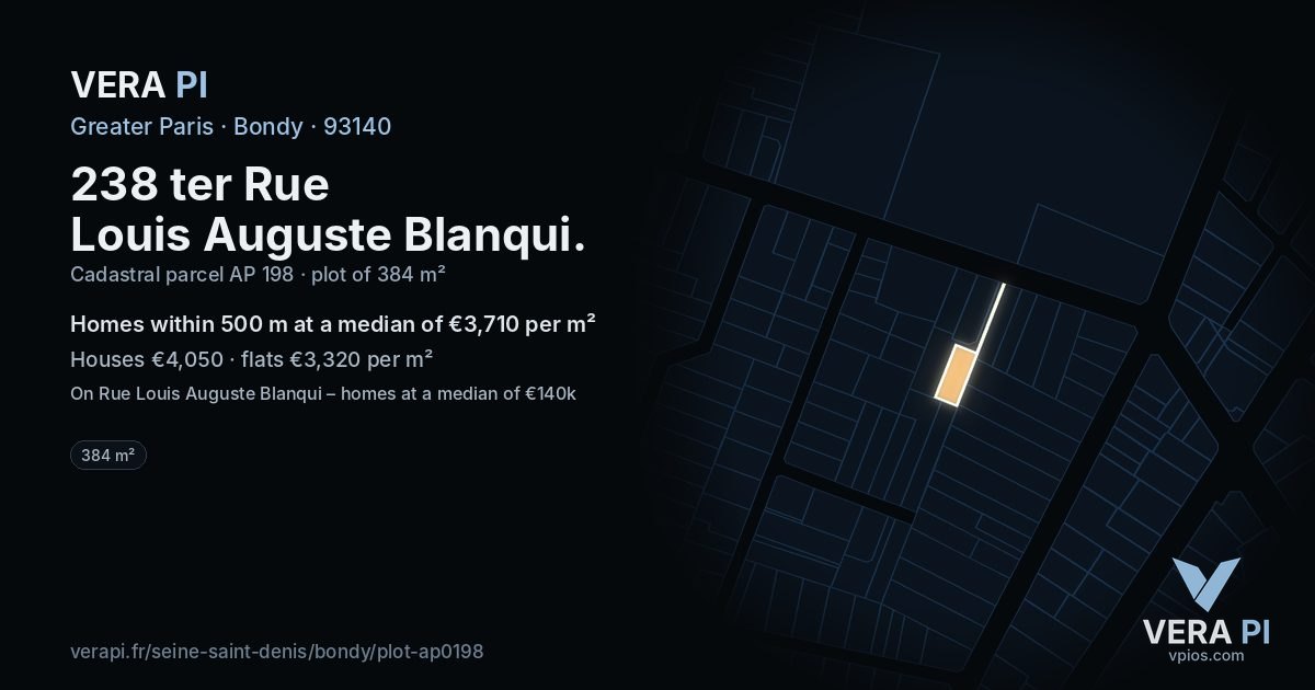238 ter Rue Louis Auguste Blanqui, Bondy at night – the plot lit, the parcels around coloured by the prices near them