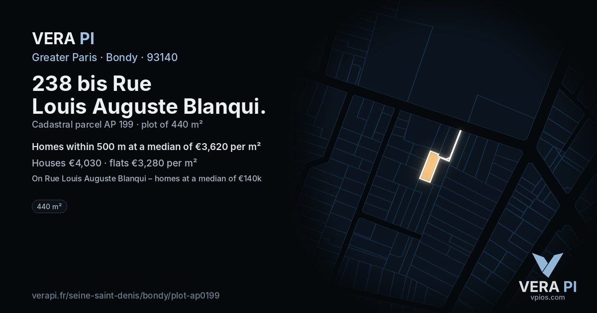 238 bis Rue Louis Auguste Blanqui, Bondy at night – the plot lit, the parcels around coloured by the prices near them