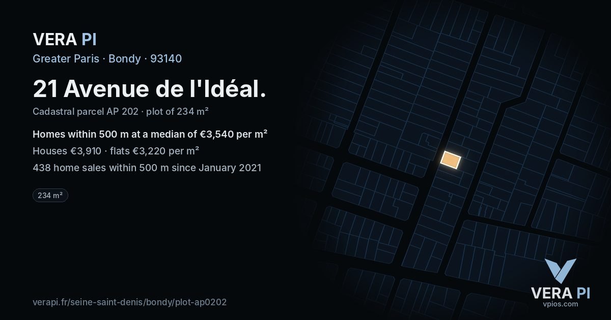 21 Avenue de l'Idéal, Bondy at night – the plot lit, the parcels around coloured by the prices near them