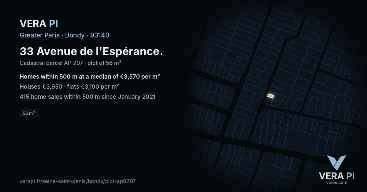 33 Avenue de l'Espérance, Bondy at night – the plot lit, the parcels around coloured by the prices near them