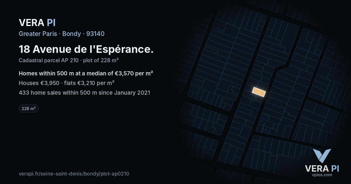 18 Avenue de l'Espérance, Bondy at night – the plot lit, the parcels around coloured by the prices near them