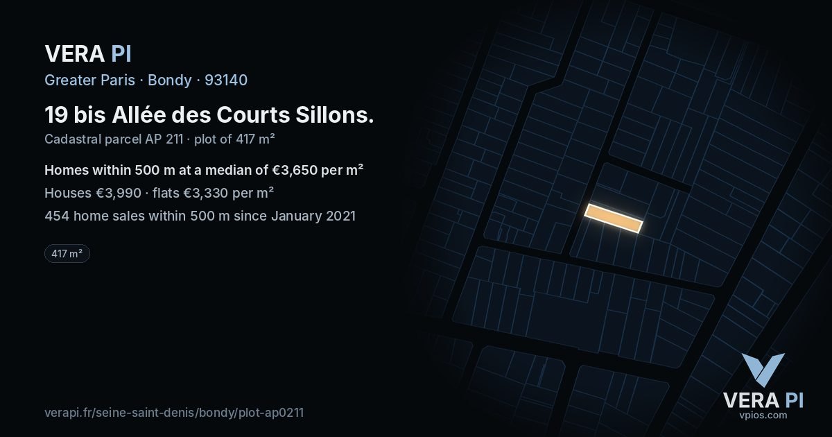 19 bis Allée des Courts Sillons, Bondy at night – the plot lit, the parcels around coloured by the prices near them