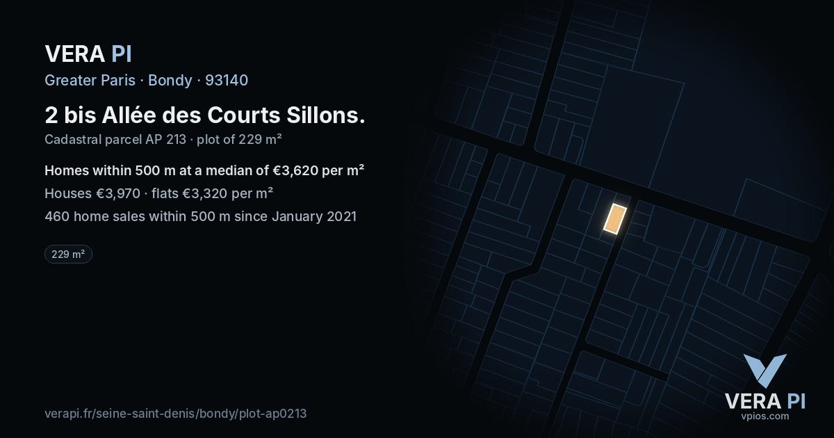 2 bis Allée des Courts Sillons, Bondy at night – the plot lit, the parcels around coloured by the prices near them