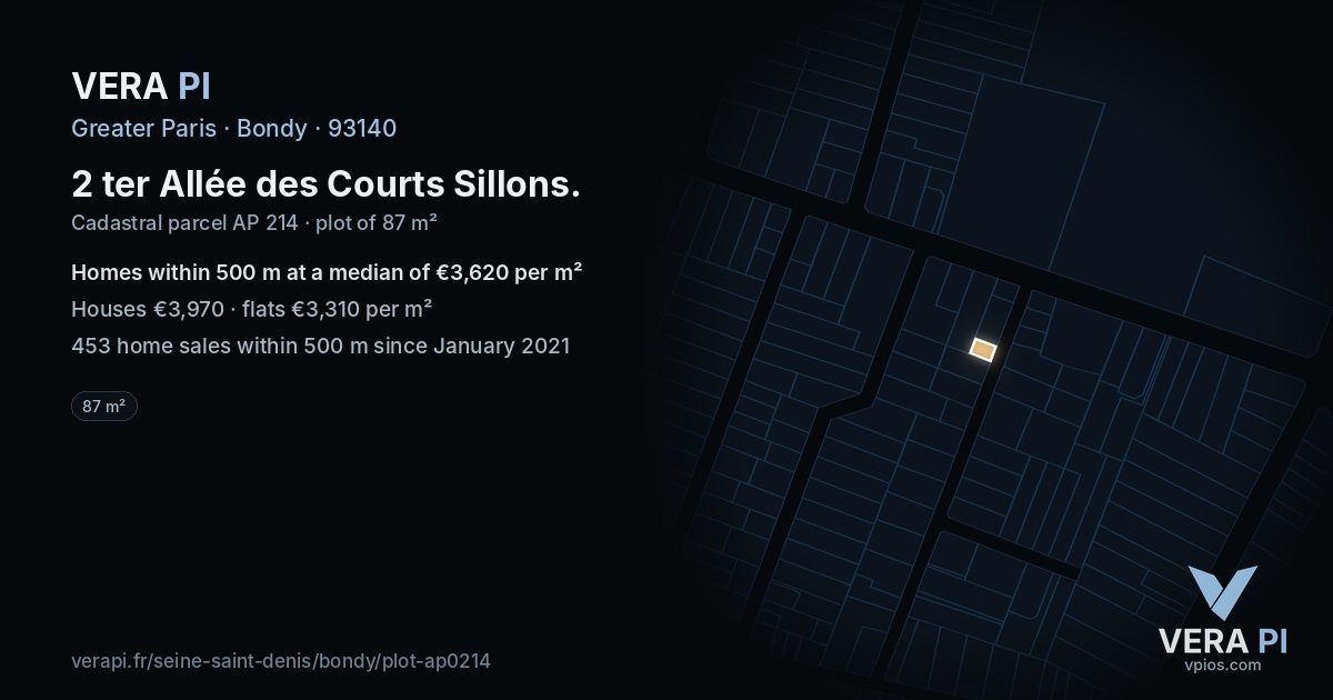 2 ter Allée des Courts Sillons, Bondy at night – the plot lit, the parcels around coloured by the prices near them