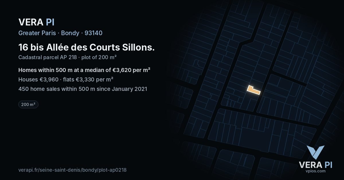 16 bis Allée des Courts Sillons, Bondy at night – the plot lit, the parcels around coloured by the prices near them