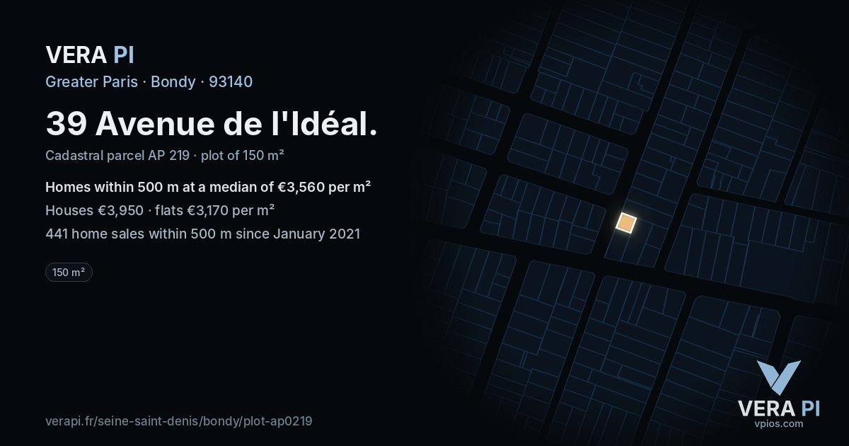 39 Avenue de l'Idéal, Bondy at night – the plot lit, the parcels around coloured by the prices near them