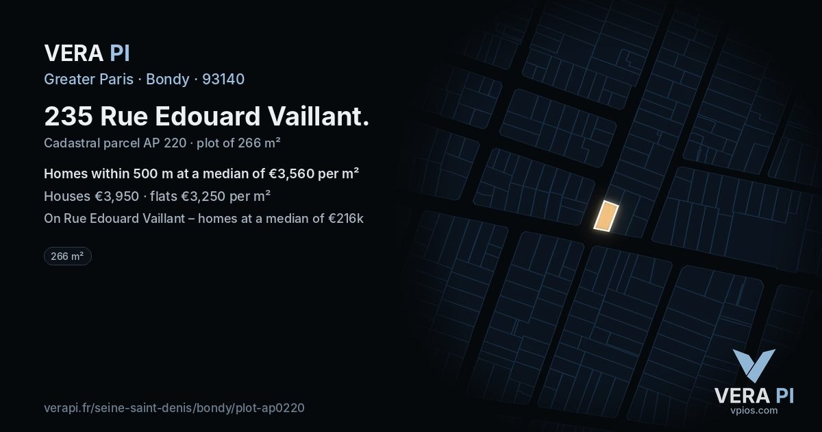 235 Rue Edouard Vaillant, Bondy at night – the plot lit, the parcels around coloured by the prices near them