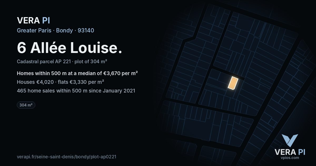 6 Allée Louise, Bondy at night – the plot lit, the parcels around coloured by the prices near them