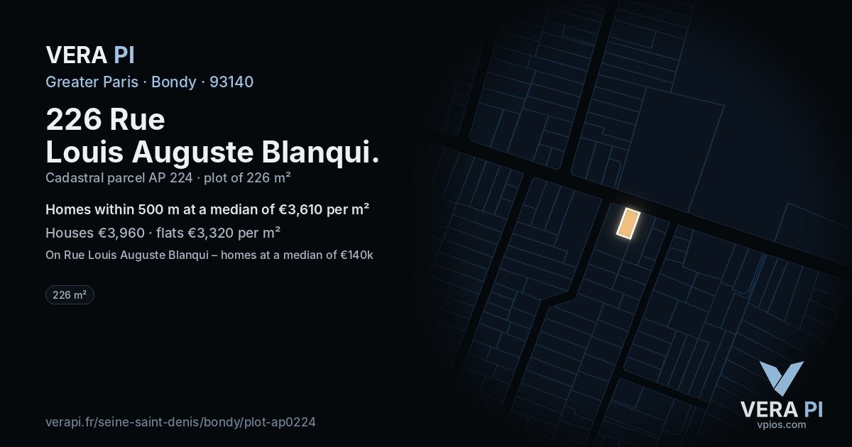 226 Rue Louis Auguste Blanqui, Bondy at night – the plot lit, the parcels around coloured by the prices near them