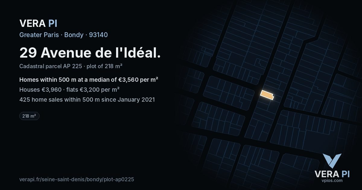 29 Avenue de l'Idéal, Bondy at night – the plot lit, the parcels around coloured by the prices near them