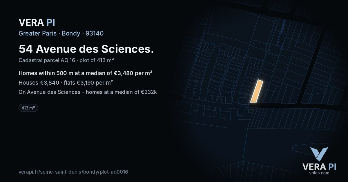 54 Avenue des Sciences, Bondy at night – the plot lit, the parcels around coloured by the prices near them