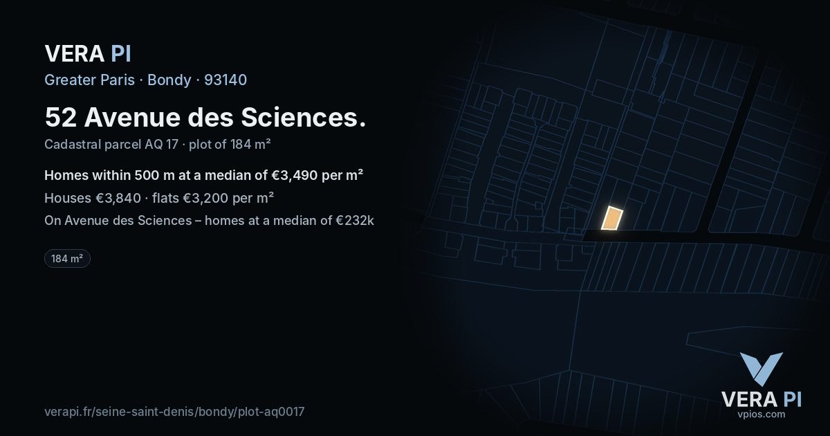 52 Avenue des Sciences, Bondy at night – the plot lit, the parcels around coloured by the prices near them