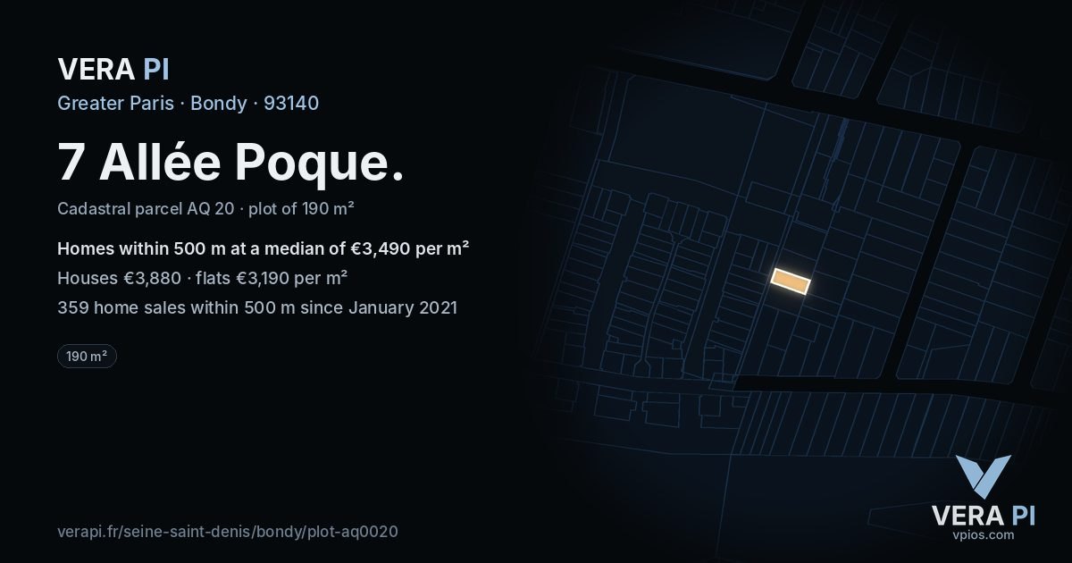 7 Allée Poque, Bondy at night – the plot lit, the parcels around coloured by the prices near them