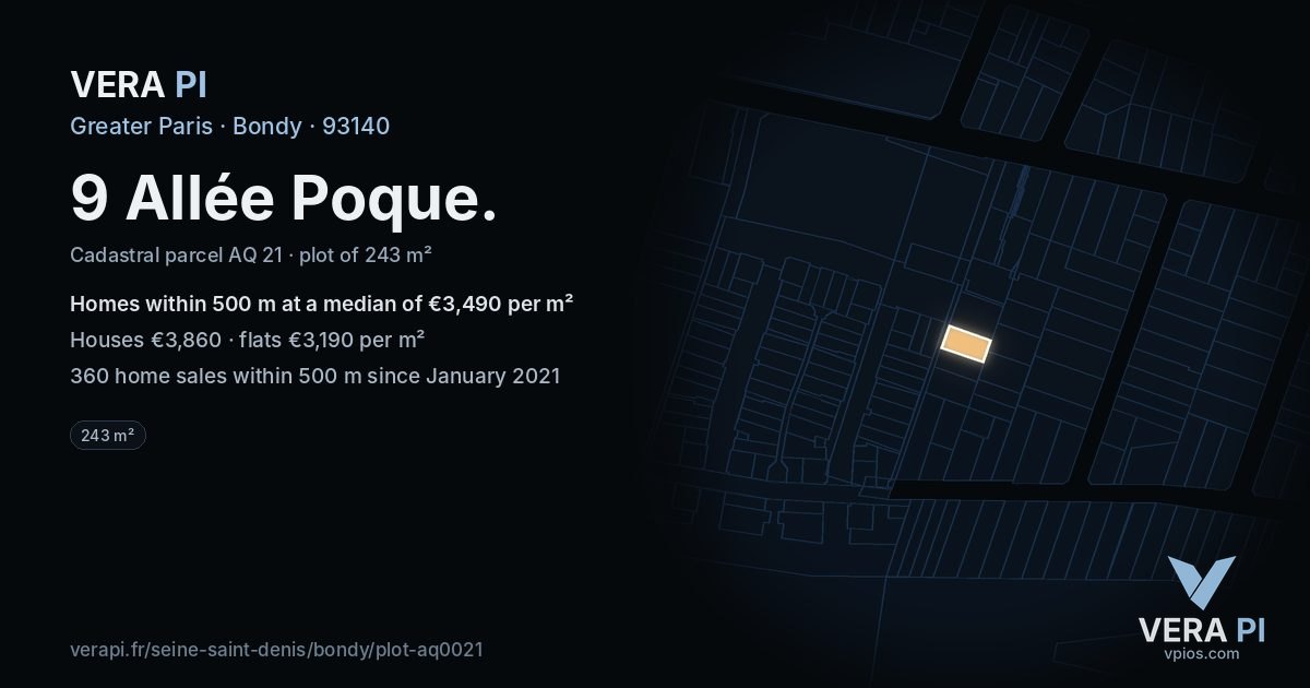 9 Allée Poque, Bondy at night – the plot lit, the parcels around coloured by the prices near them