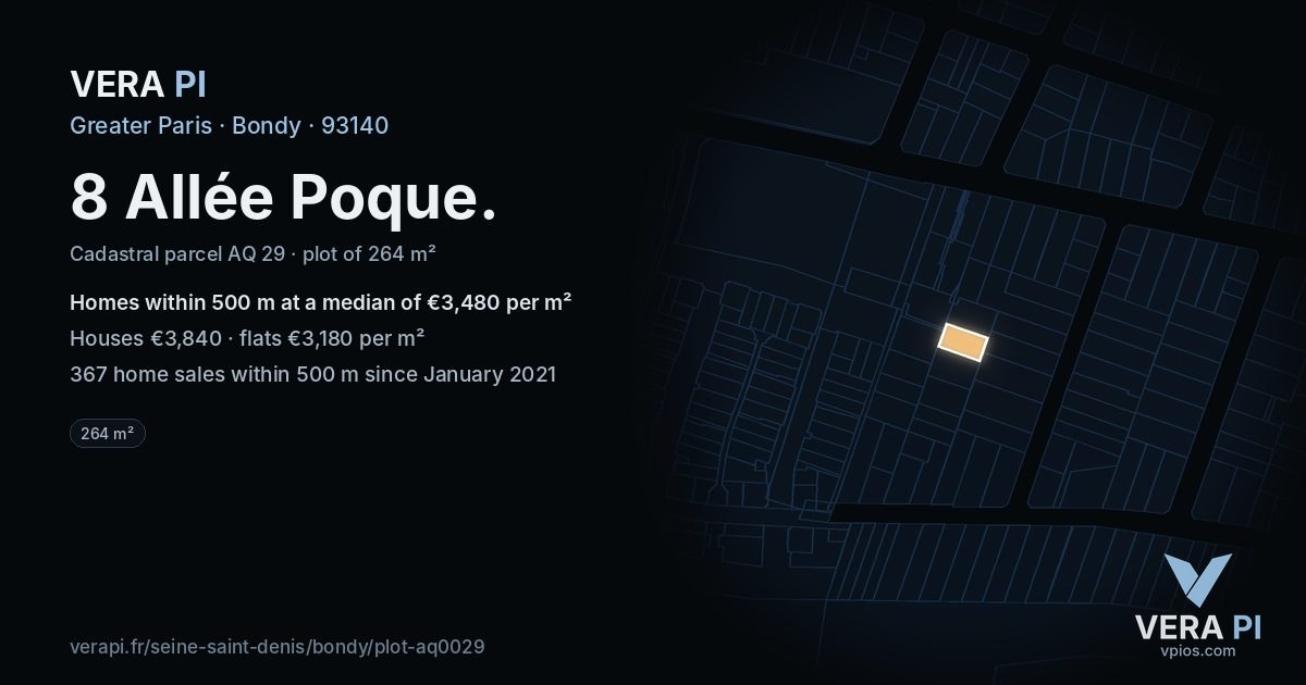 8 Allée Poque, Bondy at night – the plot lit, the parcels around coloured by the prices near them